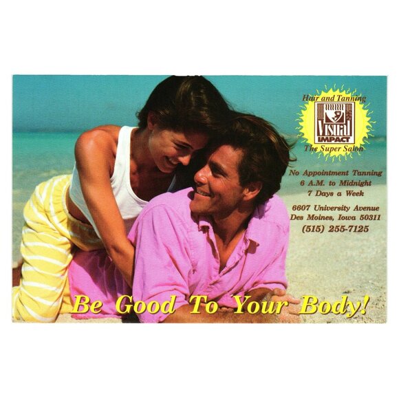 Vintage Visual Impact Salon Promotional Postcard Advertising Hair Tanning Iowa - Picture 1 of 2